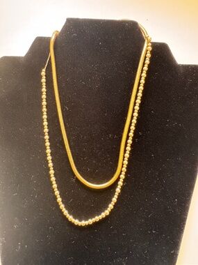 Gold Tone Necklace Set 2 pcs Snake Chain Ball Bead Layered Vintage Style Jewelry